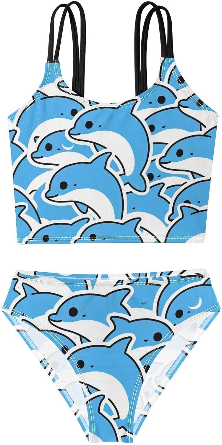 visesunny Girls Two Piece Swimsuits Blue Dolphin Cute Design Girl's Bikini Sets Bathing Suits for Girls Size 5-12Y