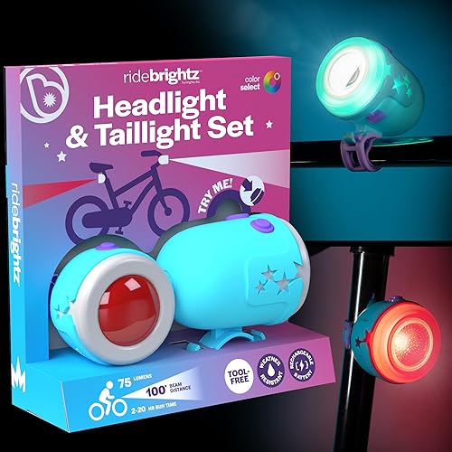 Brightz RideBrightz - Juego de faros delanteros y luces traseras LED para niños, sé fresco y seguro - 75 lúmenes, distancia de haz de 100 pies -