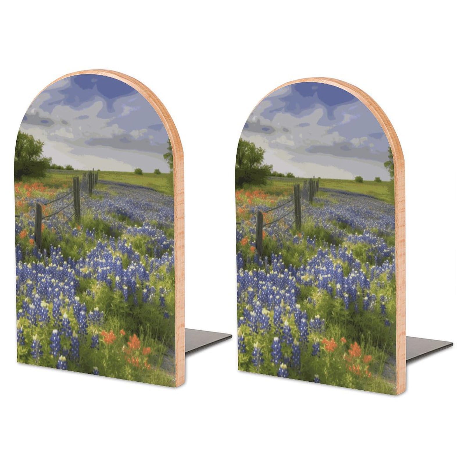 Serre-livres imprimés Texas Bluebonnets en bois pour bibliothèque et salon