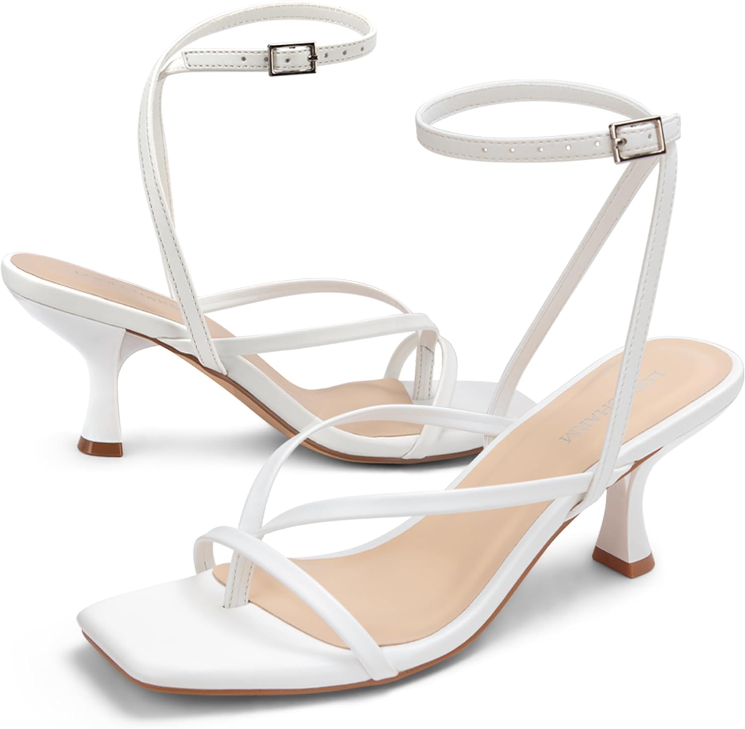 Women's Kitten Heel Strappy Open Square Toe Thong Ankle Strap Heels for Wedding - Image 5