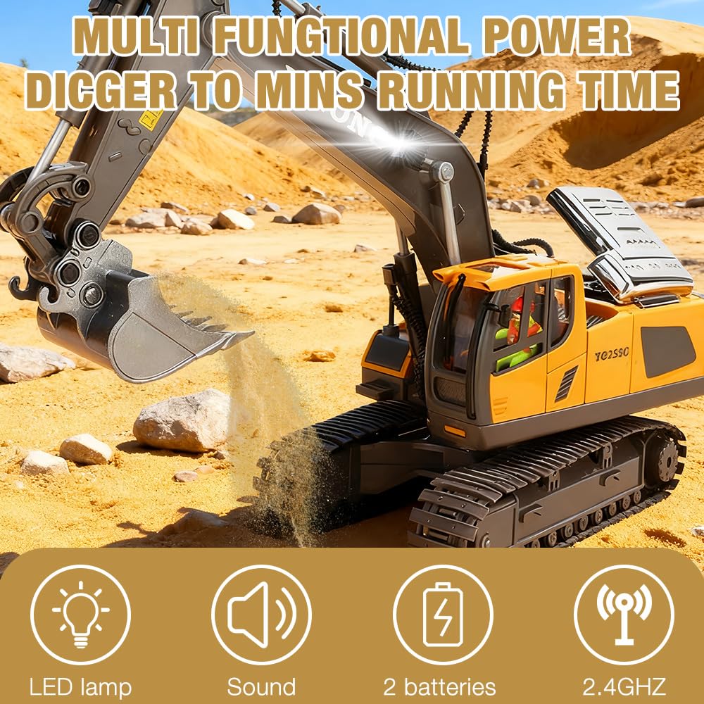 Excavadora Teledirigido, Excavadora Teledirigida Rotación De 680°, RC 11 Canales 2.4 GHz RC Recargable Juegos Niños 7-14 Años Juegos Exterior Niños