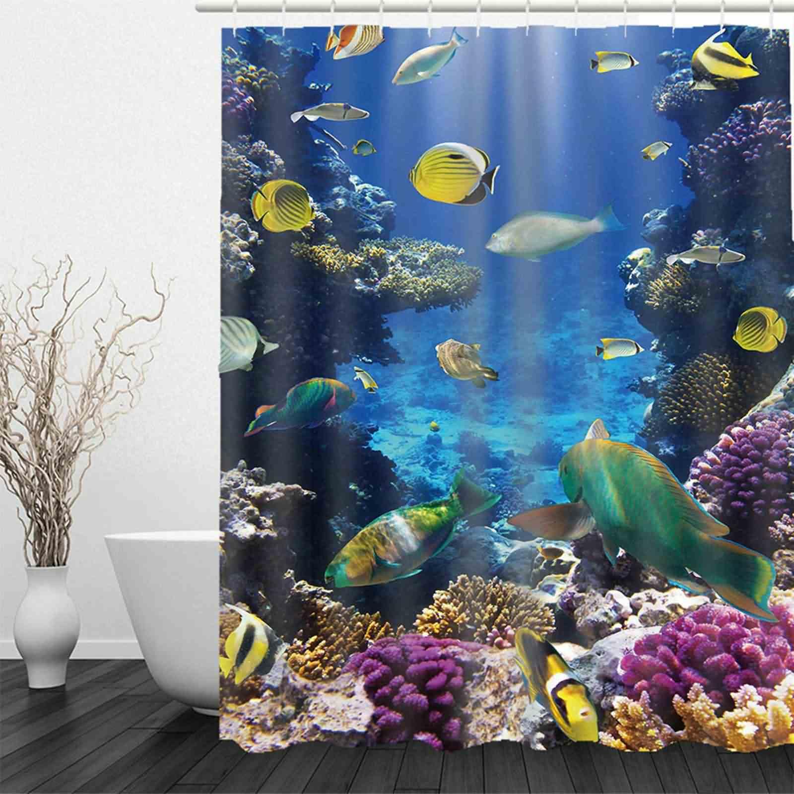 Rideau Douche Tissus Rideaux Salle Bain Imperméable Monde sous Marin Original Fenêtres Bleu pour Baignoire Douche, Fond Antidérapant 220x180cm