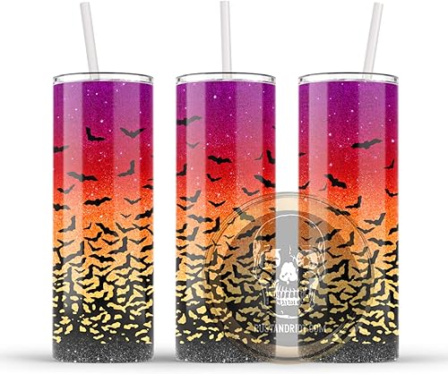 Ombre Sunset Bats Faux Glitter 20oz Stainless Steel Double Wall Skinny Tumbler with Plastic Lid and Straw Witchy Gifts for Women