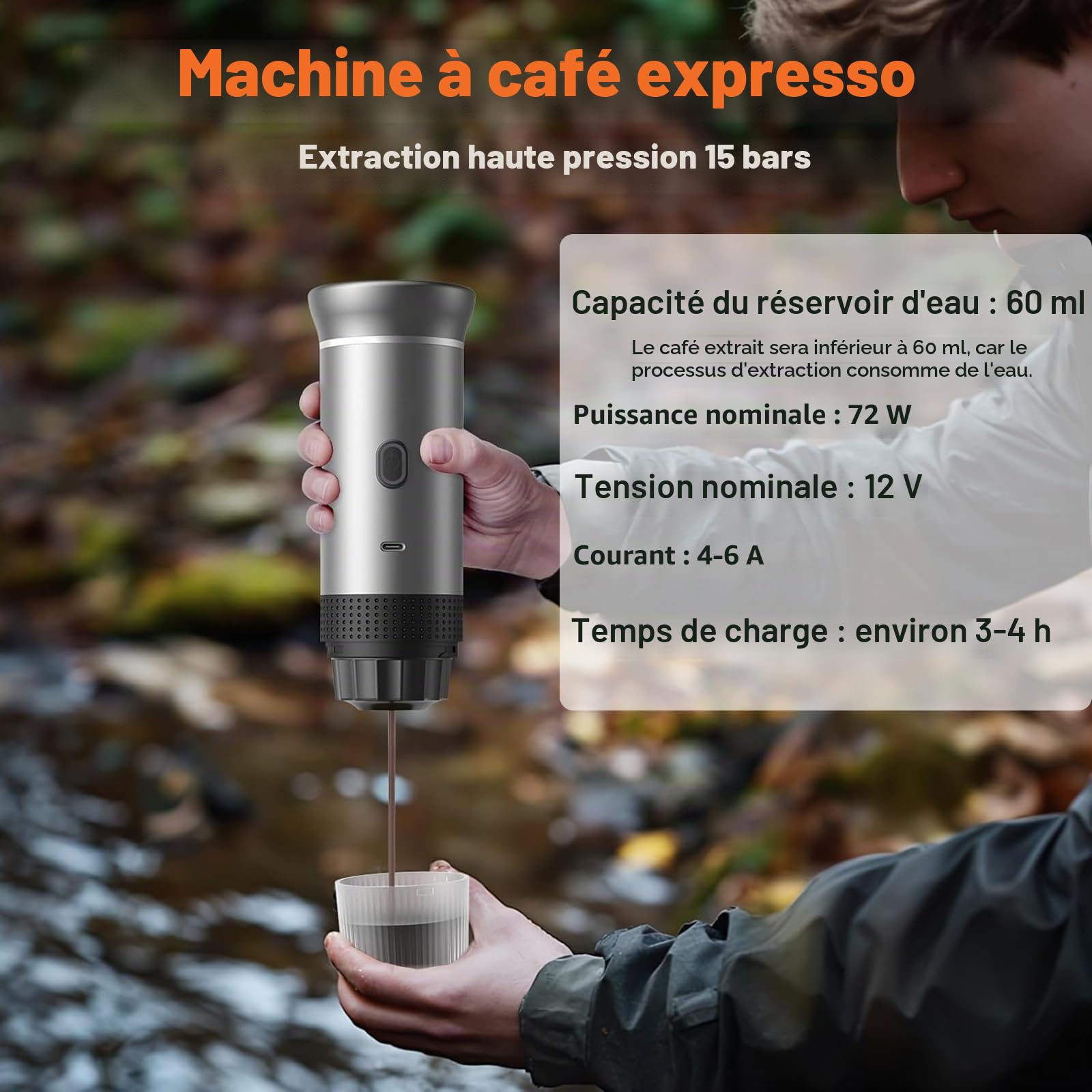 Machine à Café Espresso Portable 15 Bars,Cafetière Électrique Sans Fil