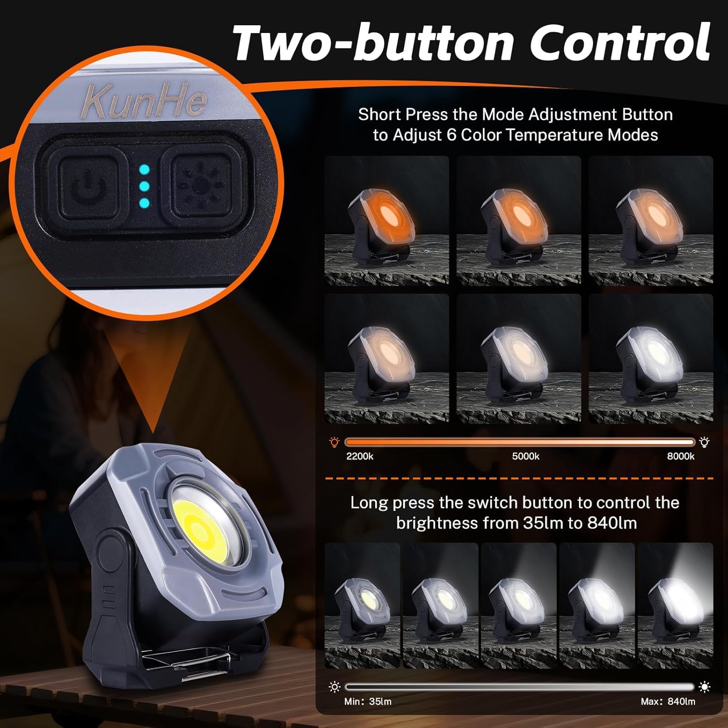 KunHe 2 Pack 4000mAh 840 Lumens Magnetic Rechargeable Work Light Stepless Dimming Magnetic car Light Mechanic 32 Hours Long Runtime Magnetic Shop Light 330° Rotatable Portable Lamp with Hook - Image 4