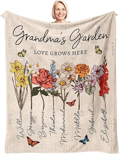 Manta personalizada para abuela con nombres de nietos, el amor de la abuela crece aquí, manta de flores del mes de nacimiento con nombres de