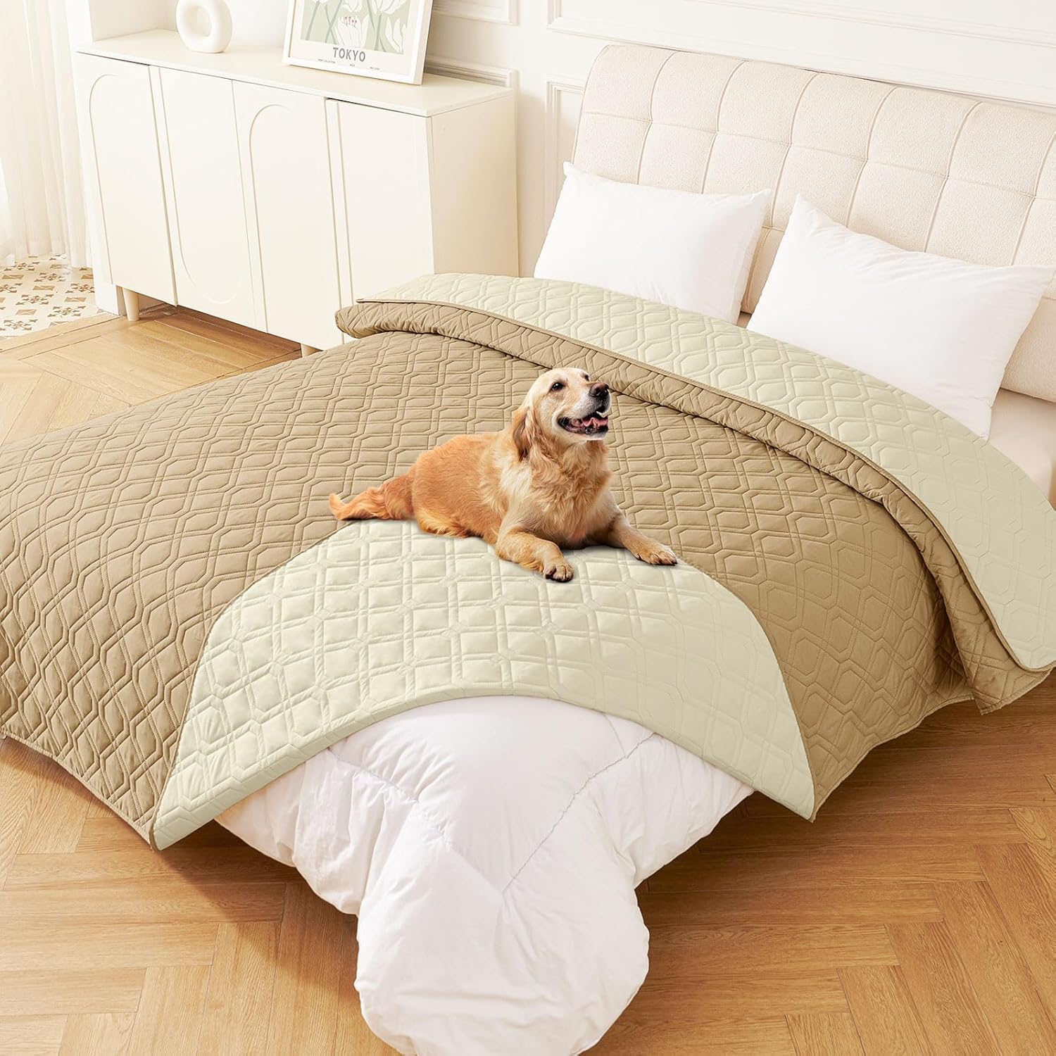 Homaxy Waterproof Dog Blanket Washable, Soft Pet Blanket For Dogs Cats, Reversible Puppy Blanket for Bed Sofa Couch, 203X208cm, Camel+beige