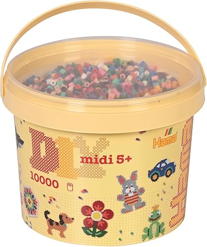 Hama Perlen 180-67 Ironing Beads in Bucket No. 180 with Approx. 10,000 Colourful Midi Craft Beads with Diameter 5 mm in Solid Colours Mix,