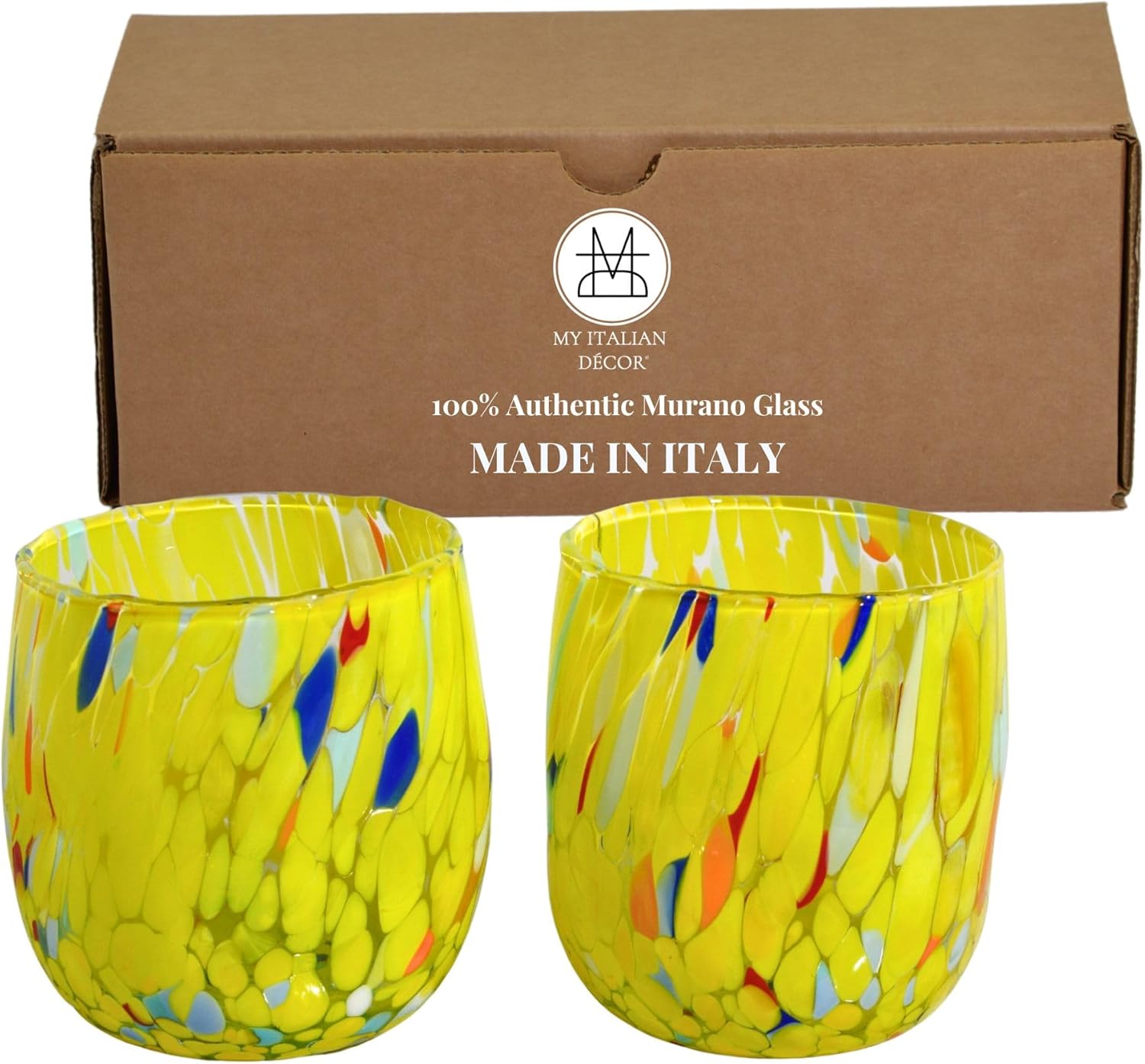 Hand Blown Murano Glass Cups, Set of 2, Fresca, 14 oz, Murano Glassware, Colorful Drinking Glasses, Colored Drinking Glassware, Colorful Drinkware, Confetti Design Drinkware - Made in Italy (Green)