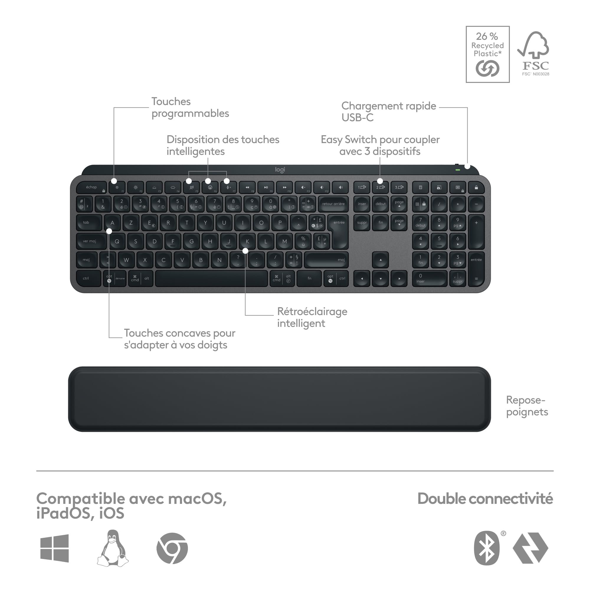Logitech MX Keys S Combo:Clavier et Souris sans Fil Performants avec Repose Poignet,Éclairage Personnalisable, Défilement Rapide,Bluetooth,Windows/Linux/Chrome/Mac, Clavier Français AZERTY - Gris