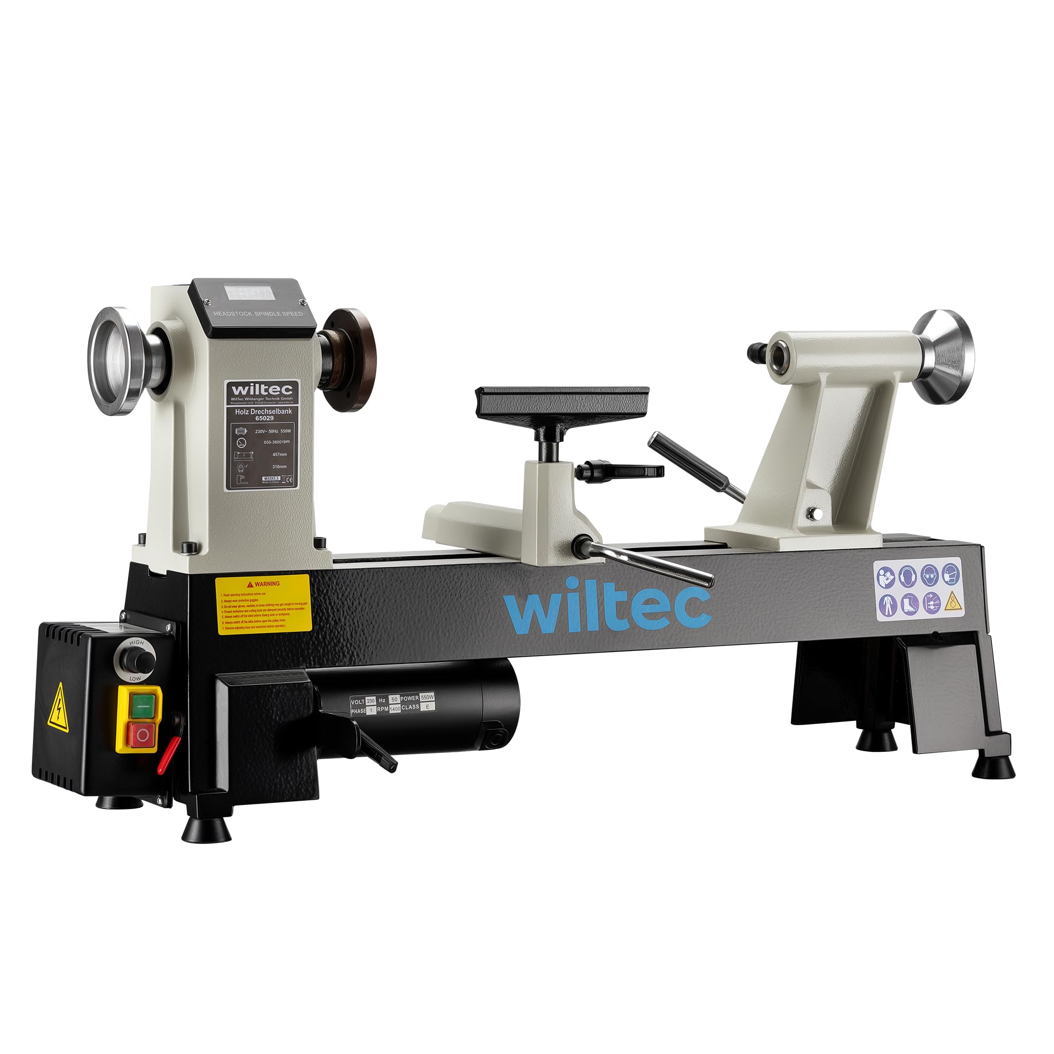 Wiltec Torno de madera 550 W velocidad variable 650-​3800 rpm, máquina para madera con placa frontal, herramienta para tornear madera hasta 457 mm de largo