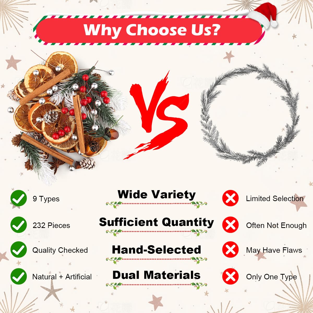 232 Pezzi Corona di Natale Accessori, Decorative Natalizie Pigne, Arancia Essiccata, Cannella Stecche, Anice Stellato, Ramo di Pino, Bacche, Decorazioni per Ghirlanda Fai Da Te Albero di Natale