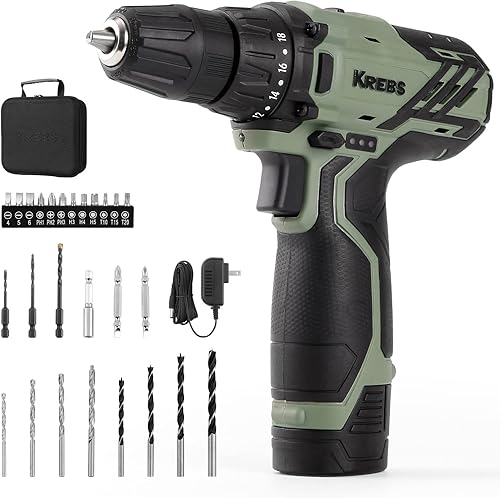 KREBS Juego de taladro inalámbrico de 12 V con batería de 1.5 Ah y cargador rápido, portabrocas sin llave de 38 pulgadas 245 in-lbs 2 velocidades