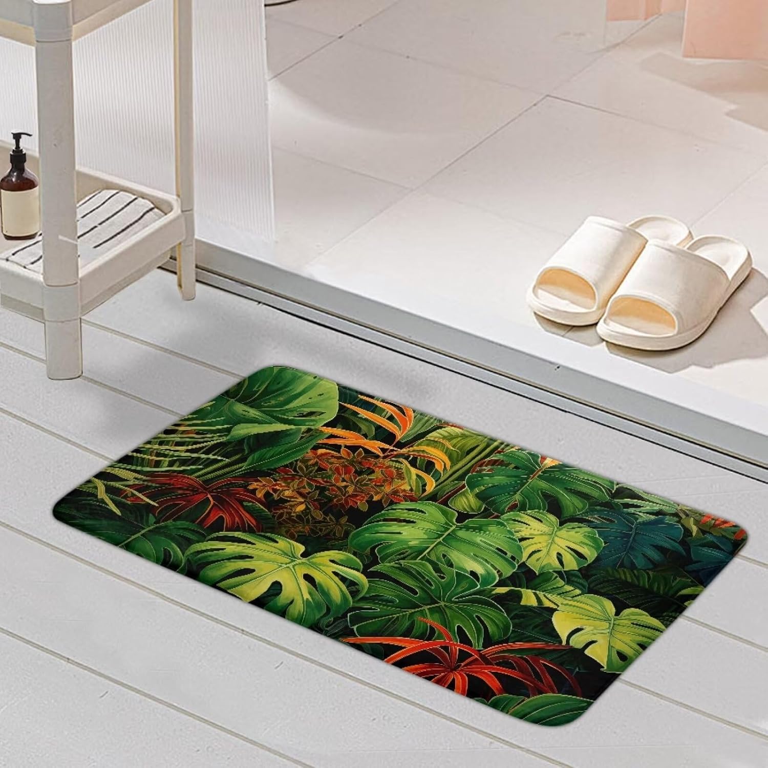Tropical Leaves Bathroom Rugs Non Slip Bathroom Mats Green Bath Mats for Bathroom Rug Set Toilet Bath Mat U-Shaped Contour Toilet Rug