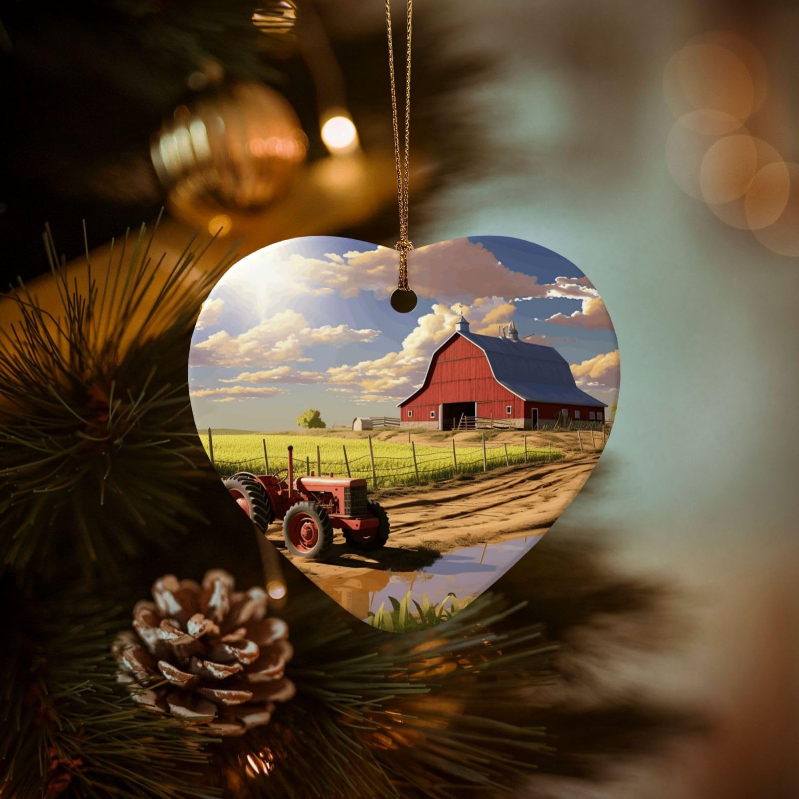 Christmas Tree Ornaments Ceramics Christmas Decorations Farm Morning Barn Ornaments with Gold Ribbon Porcelain Xmas Tree Crafts Heart Shape Hanging Pendant for Christmas Tree Party Decor