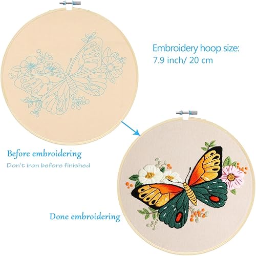 Miniatura 3 de MIKIMIQI Paquete de 3 kits de bordado con patrón, kit de bordado estampado de flores y mariposas que incluye telas de bordado, aros de bambú, agujas