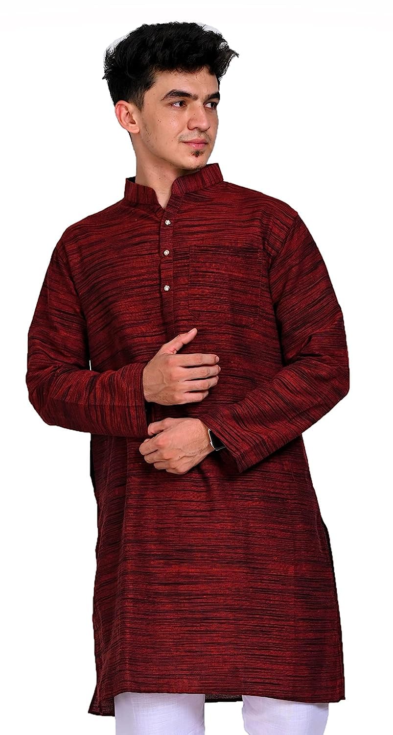 Men's Khadie Cotton Relaxed Kurta - Maroon Color-image-46