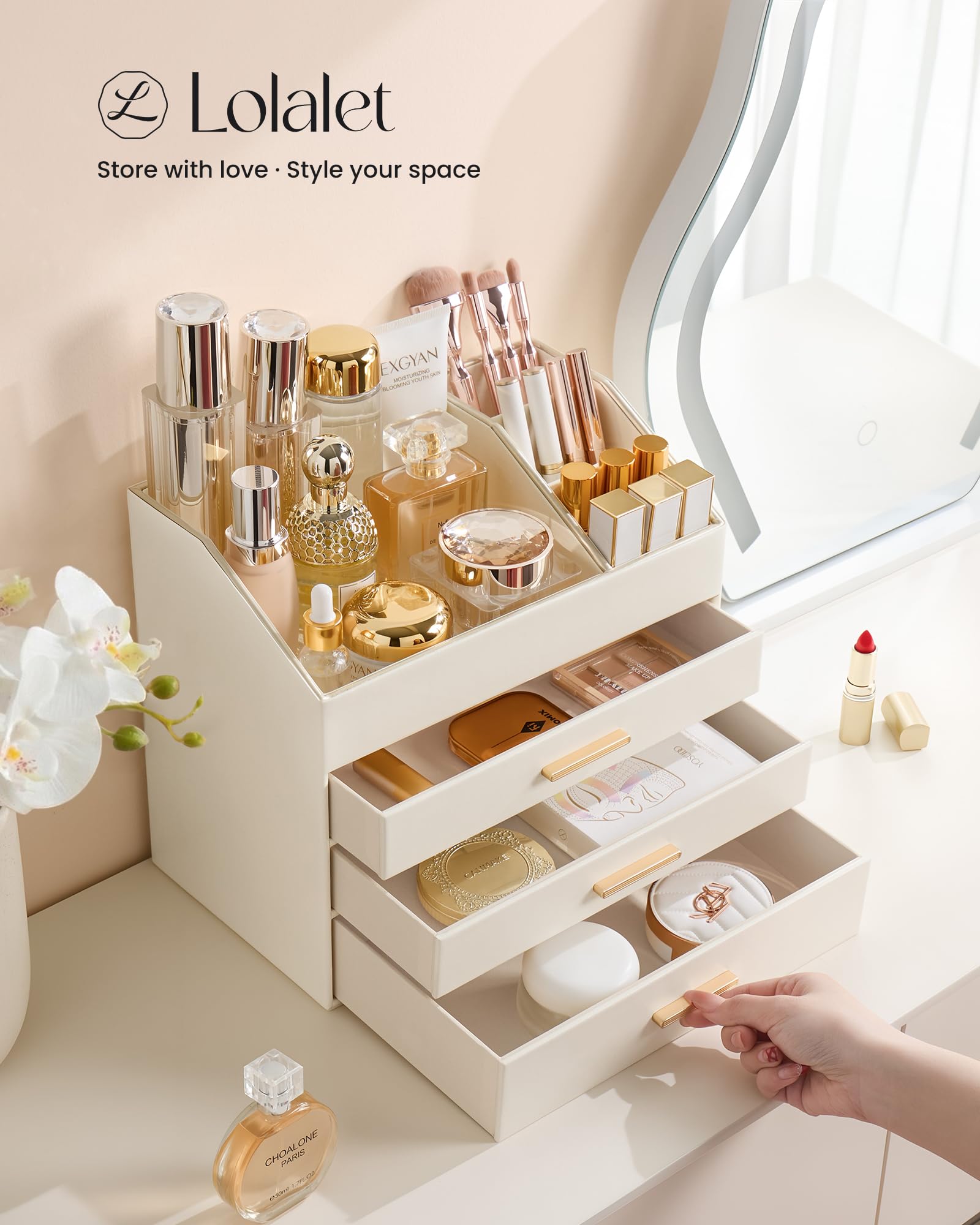 Lolalet Organizador de Cosméticos para Tocador, Bandeja de 3 Niveles con Cajones, Organizador de Perfumes, Organizador de Labiales -Crema
