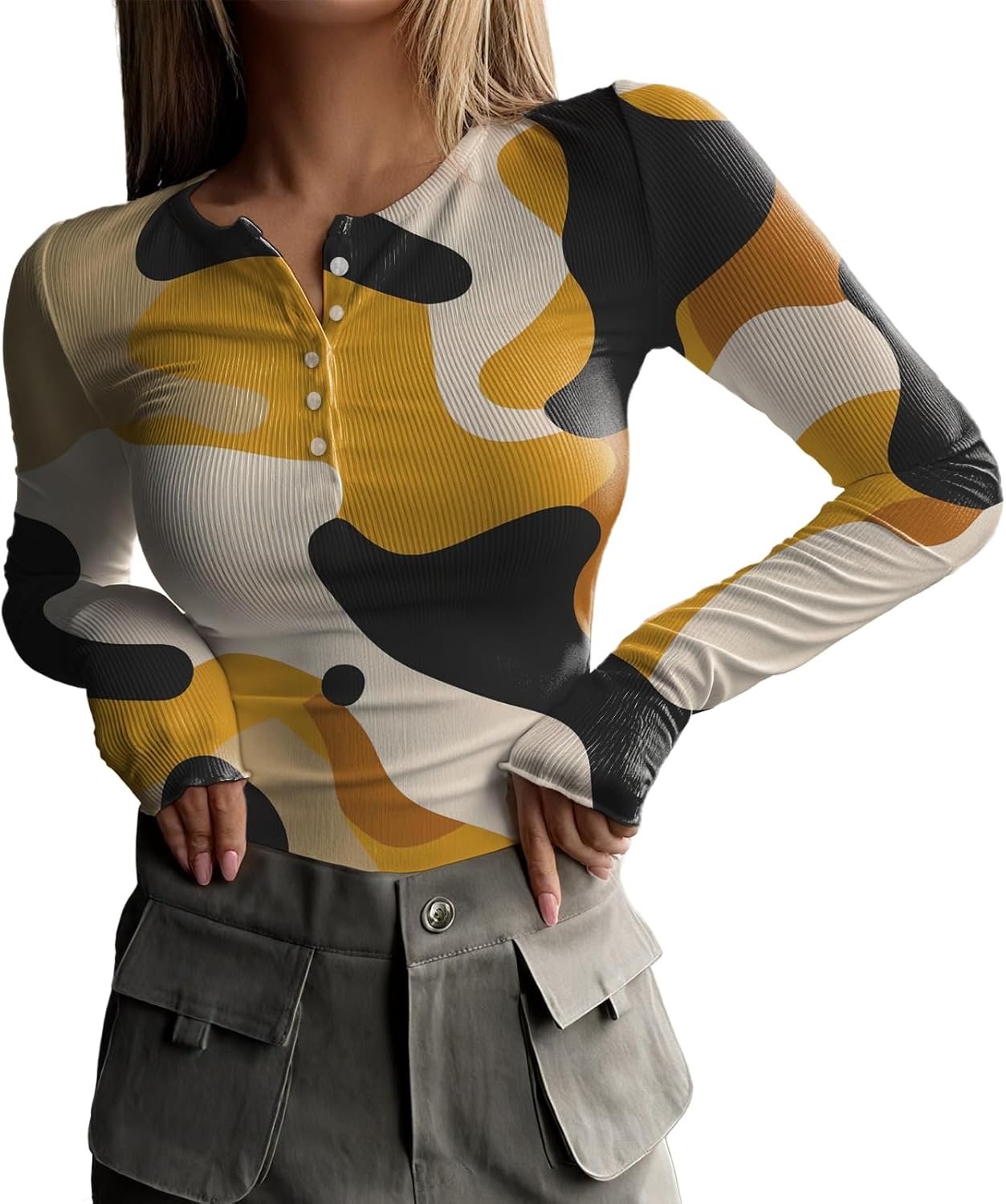 MARSVOVO Casual Henley Shirts for Women Slim Fit Button Ribbed Long Sleeve Shirts Going Out Spring Fall Trendy Tops