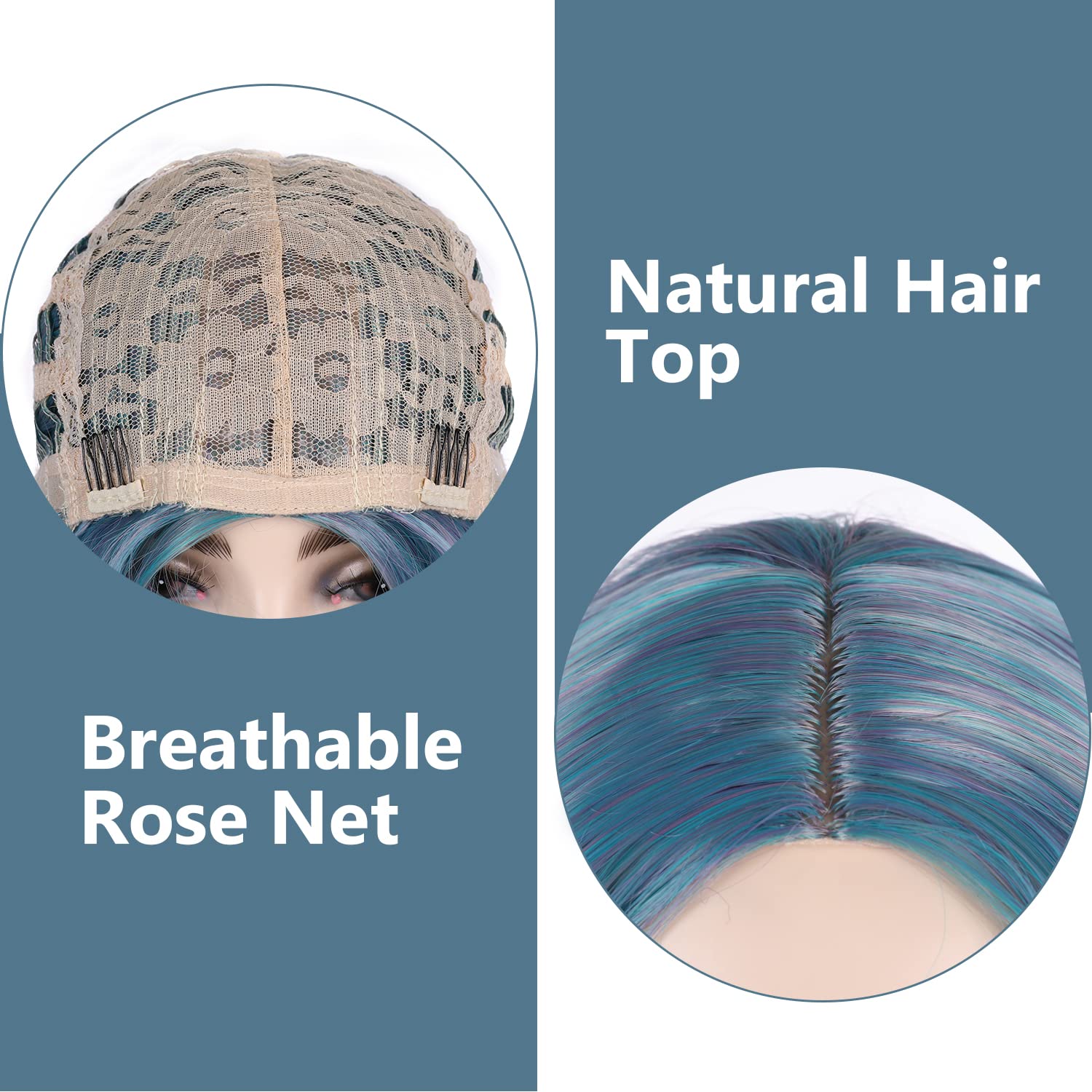 Blue Wig Ombre Blue Wigs Mix Violet Light Blue Gray Curly Wave Wig Middle Part Long Wavy Wig Heat Resistant Synthetic Daily Party Wig for Women, Colorful Costume Wig for Christmas, Halloween