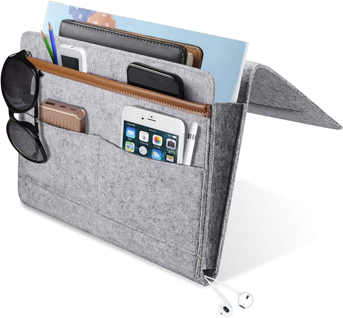 YUEMI Bedside Caddy Pocket, Home Sofa Bedside Desk Felt Hanging Storage Organizer Bag Holder with 5 Small Pockets for Organizing Books and More Small Something,Without Chemical Smelling(Light Grey) …