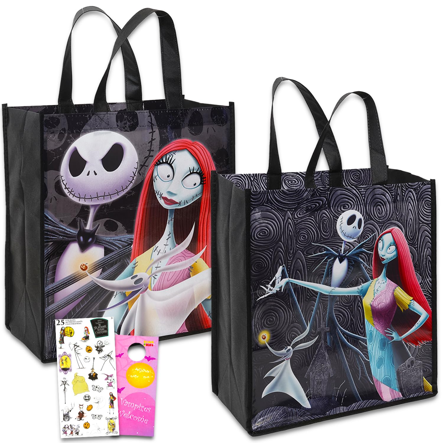 Disney Nightmare Before Christmas Tote Bags for Kids, Adults - Bundle with 2 Jack and Sally Tote Bags Plus Stickers, More | Nightmare Before Christmas