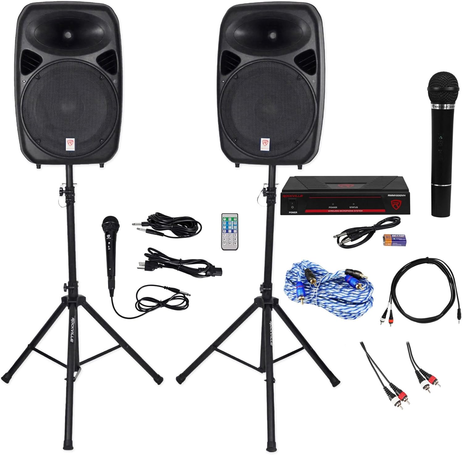 Rockville RPG152K Bundle: Dual 15" Powered Speakers, RWM1203VH Wireless Dual Handheld Microphone System, RCDR10B 10ft Dual RCA Cable, RNRMR10 10ft 3.5mm to Dual RCA, iStand 20 Tripod Stand, 5-Items