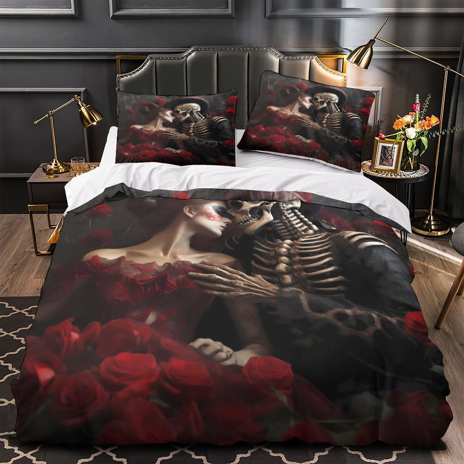Copripiumino Coppia Scheletro Gotico 3D Stampato in Microfibra Decorazione Camera da Letto Set Biancheria da Letto Coppia Scheletrata Morbido Traspirante per Adulti Giovani Super king（260x220cm）