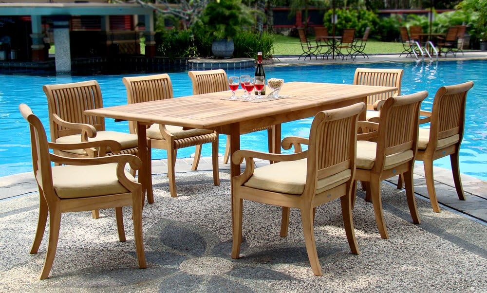 New 9 Pc Luxurious Grade-A Teak Dining Set - 117" Double Extension Rectangle Table 8 Giva Arm/Captain Chairs #WHDSGVe