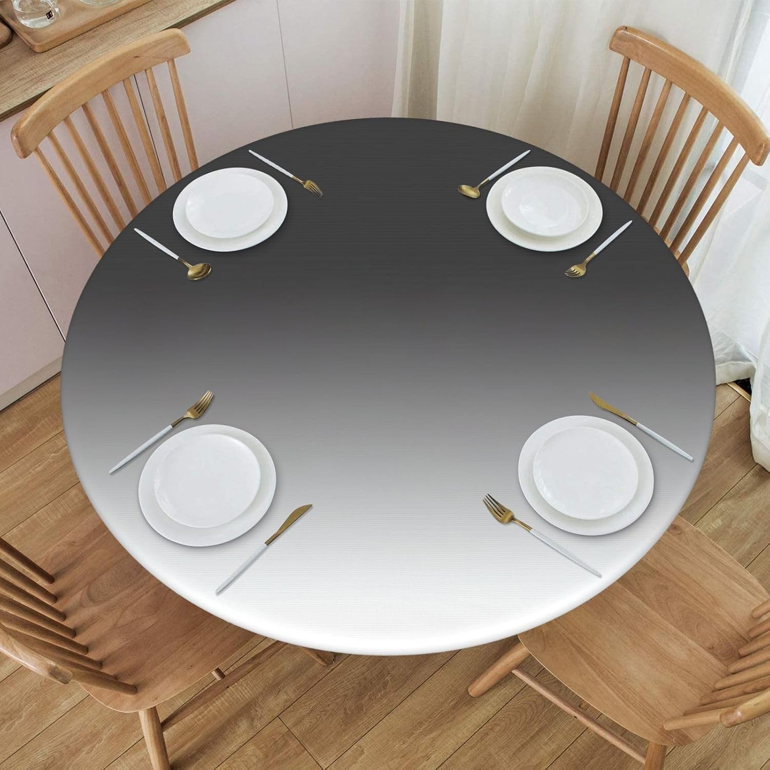 White to Black Print Outdoor Patio Kitchen Decor Supplies Wipeable Round Table Cloth for Indoor Outdoor