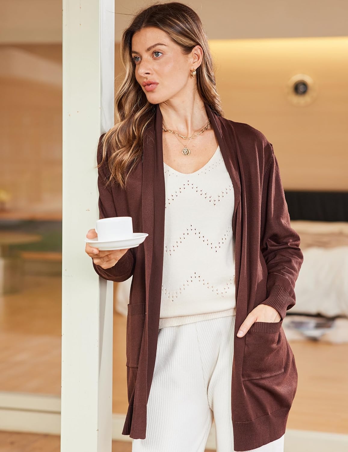 Zeagoo Womens Sweaters Fall Trendy Casual Long Sleeve Shirt Lightweight V Neck Off Shoulder Crochet Pullover Top Outfit - Image 3