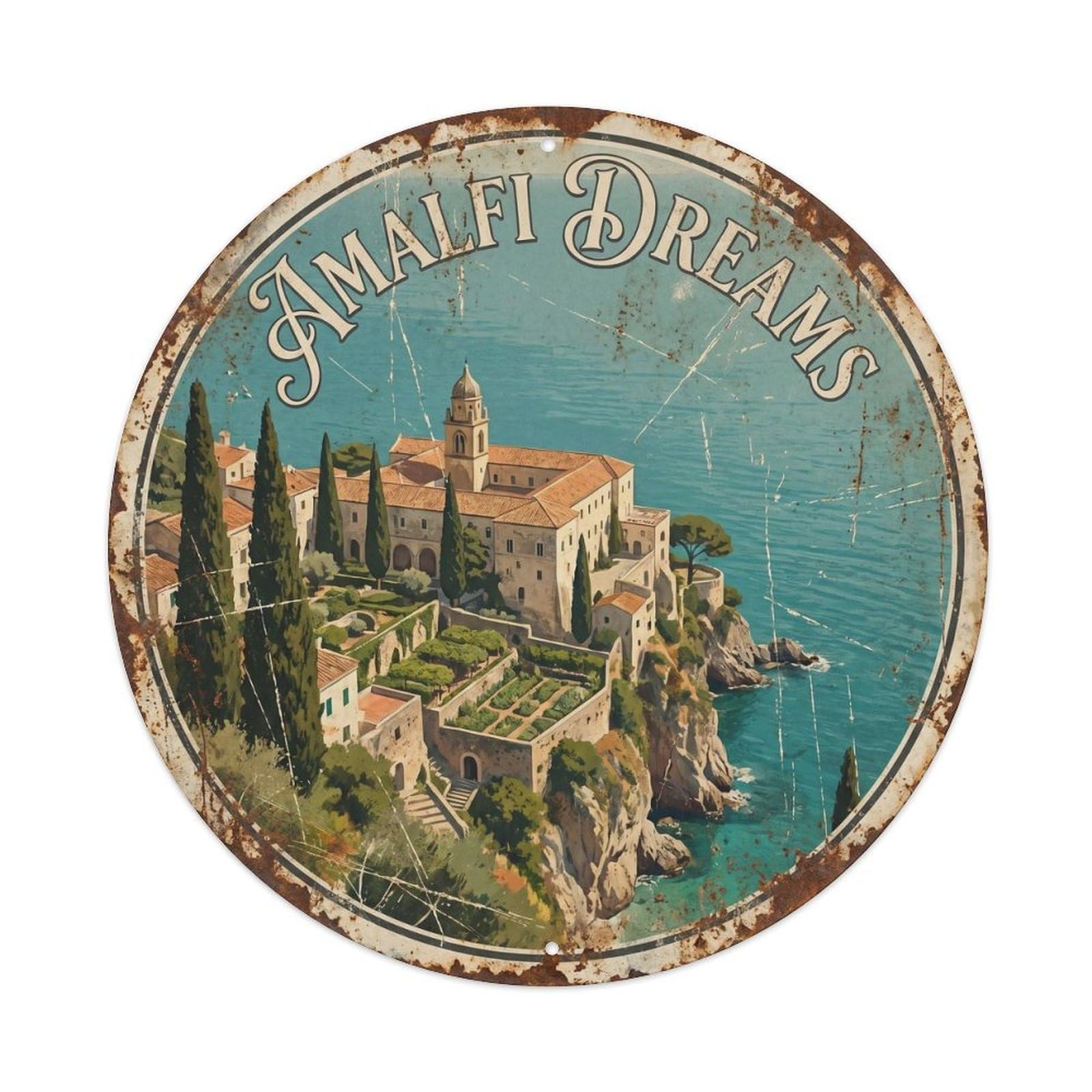 Italian Coast Monastery Heritage Amalfi Classic Travel Metal Tin Sign Plaque Wall Decor for Cafe, Man Cave, Club Bar, Office, Home Garden Round Metal Poster 8x8Inch