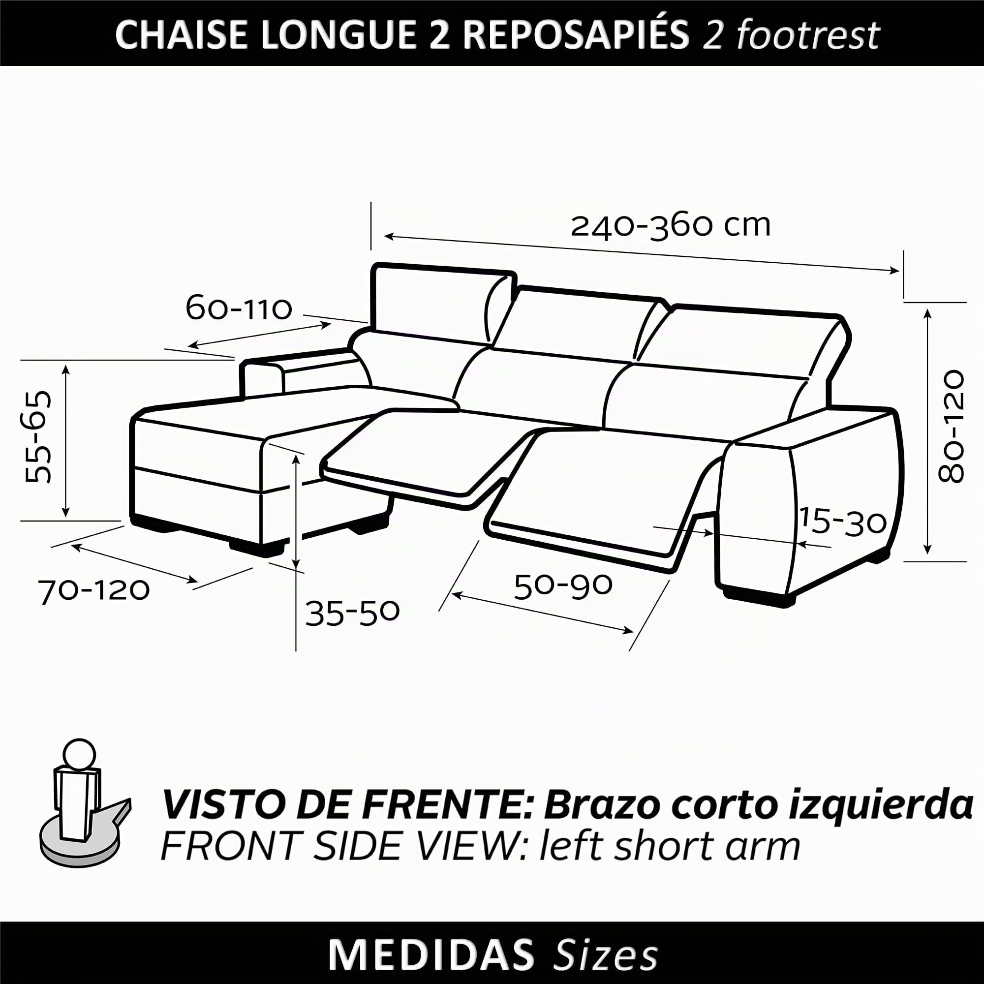 FAVERTI® Funda Chaise Longue Super Elástica Brazo Corto Izquierdo (Visto de Frente) Dos Pies | Modelo NOVELE | Lino | Protector de Calidad de Tejido Jacquard Tacto algodón