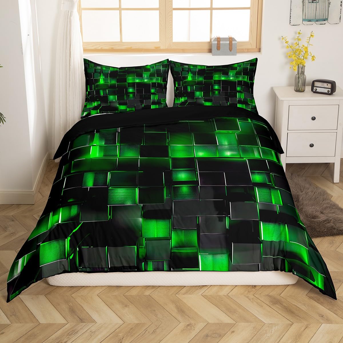 Schwarz und Grün Bettbezug Moderne Geometrische Tröster Abdeckung Gradient Neon Würfel Jungen 135x200 Bettwäsche Set, Abstrakte Quadratische Gitter Bett Set Geometrie Gitter Wand Ziegel Dekor