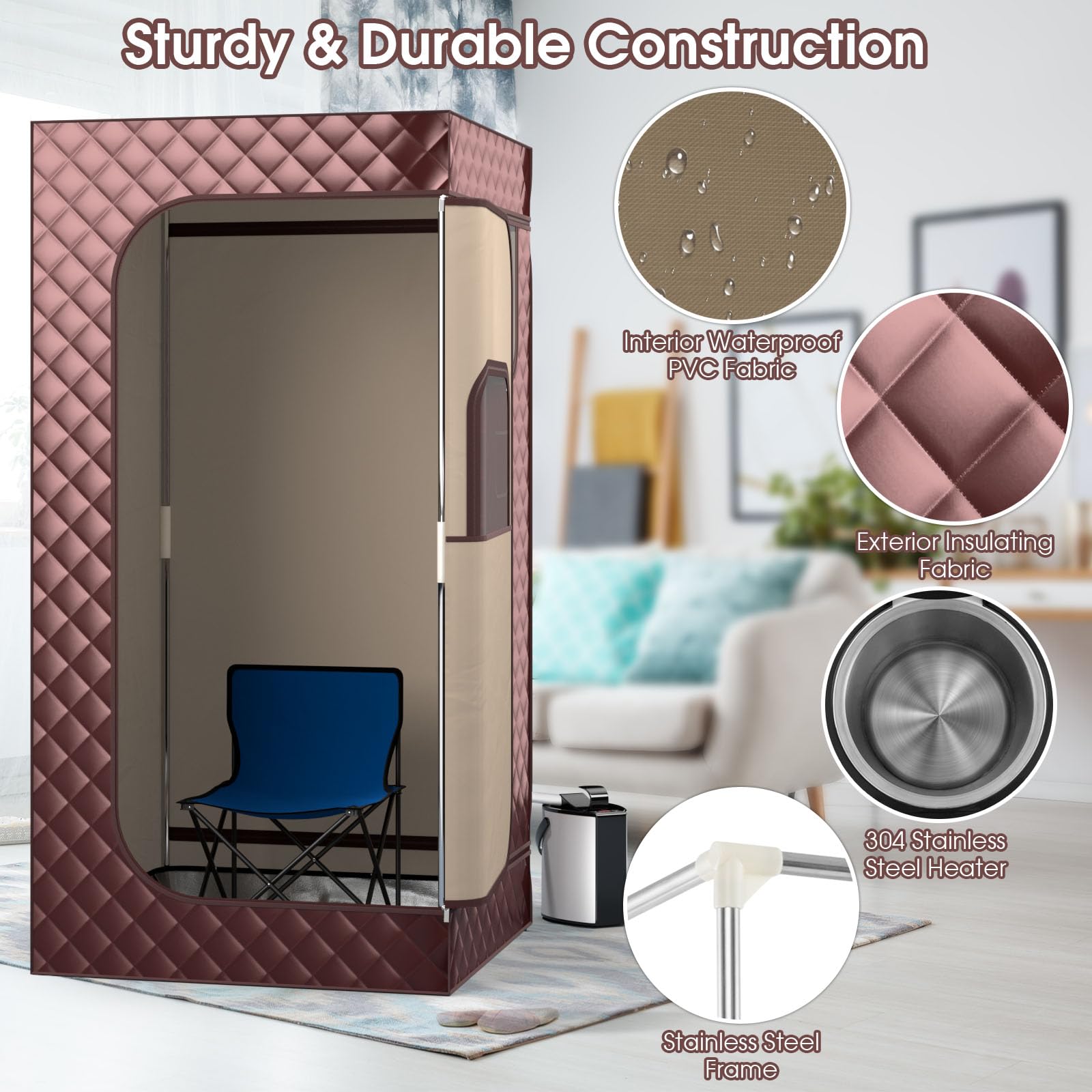 HOMASIS Dampfsauna tragbar, Heimsauna mit Dampfgenerator 3 Liter, Sauna für Zuhause mit Fernbedienung, 9 Temperaturstufen & 9 Timer, Mobiles Saunazelt mit Klappstuhl & Fußmassagegerät (Braun)