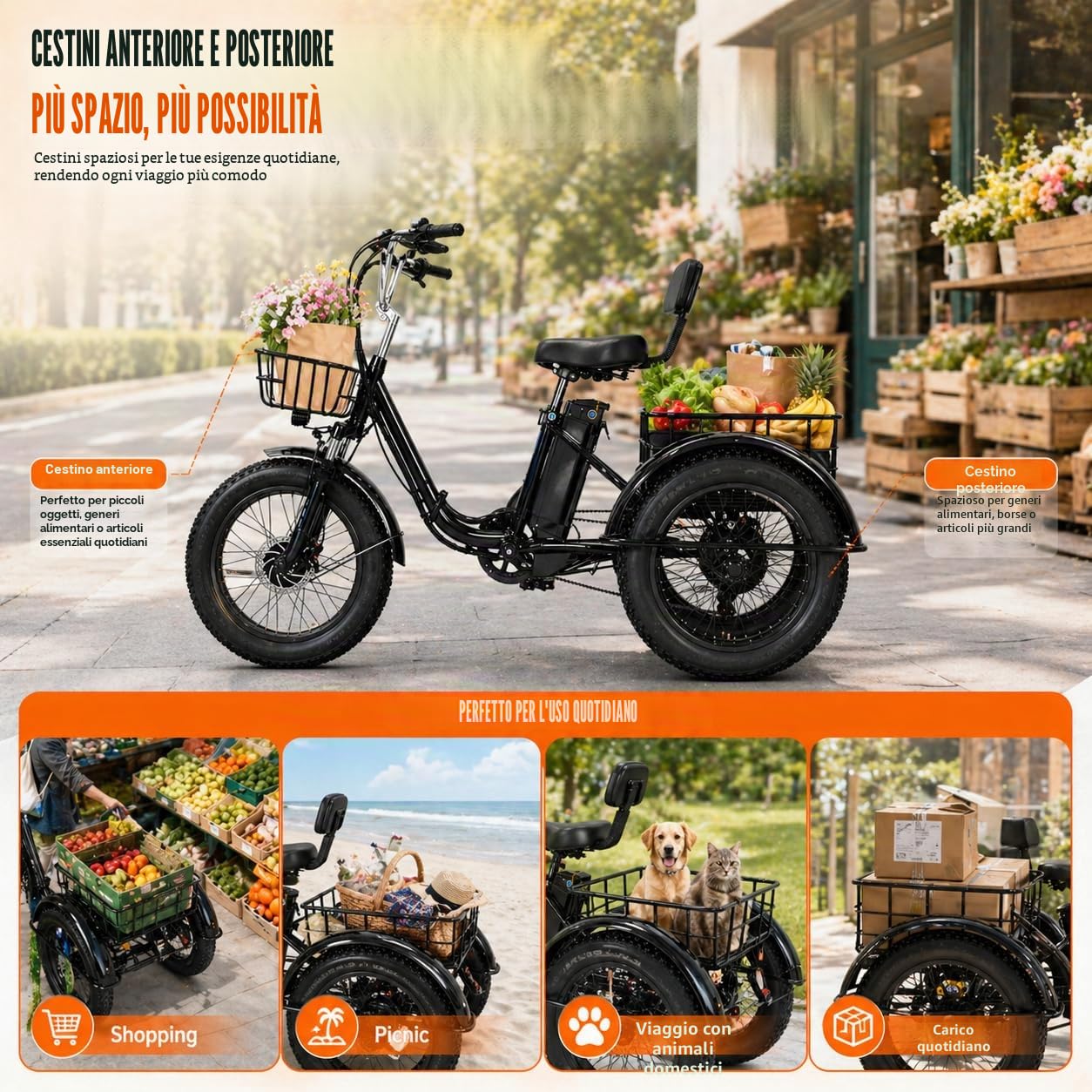 Triciclo Elettrico a Pedalata Assistita Da 20 Pollici - Pieghevole,Con Pneumatici Larghi,Cestini Portapacchi Anteriori E Posteriori,Display Digitale Lcd,Triciclo Elettrico per Adulti,Massima:200 Kg