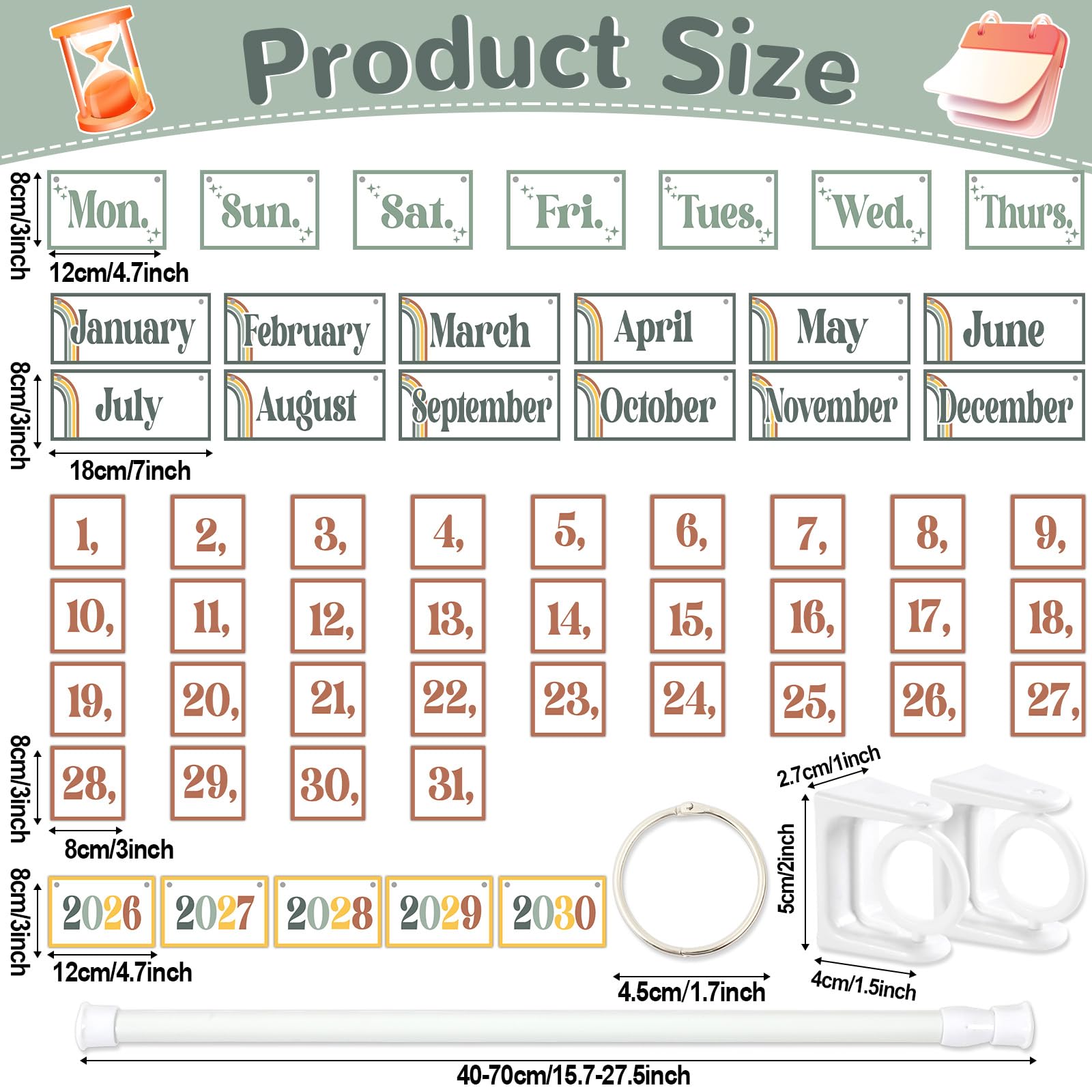 Set di calendari bohémien moderni e bohémien, con supporto, decorazione per aula bohémien, con 54 biglietti per data, supporto regolabile per calendario per aula e la casa