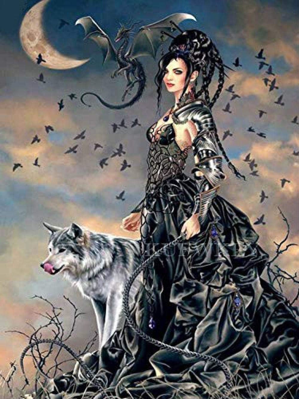DIY Handmade 5D Diamond Painting Kit Witch and Wolf Full-Drill Embroidery Picture Home Decor Wall Artwork