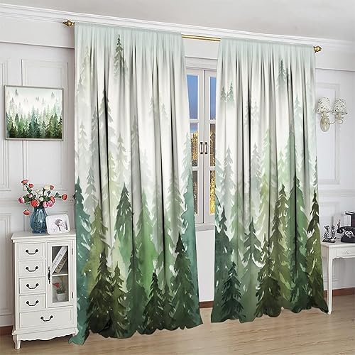 Miniatura 4 de Cortinas de bosque natural, bosque brumoso, cortinas de naturaleza de acuarela verde, bosque, pino, montaña, cortinas de ventana para sala de estar,