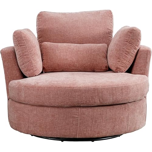 Swivel Accent Barrel Chair Oversized Modern Akili Upholstered Sofa Lounge Club Leisure Chair Round Chair for Hotel Living Room with 3 Pillows (Pink Chenille) 1 41D x 42.2W x 33.1H Inch
