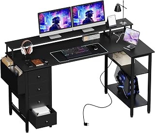 Yaheetech Computer Table Reversible L-Shaped Gaming Desk with Monitor | Desk with 2 USB Charging Ports and 2 Sockets, L-Table with Display Shelf for Home Office, Black