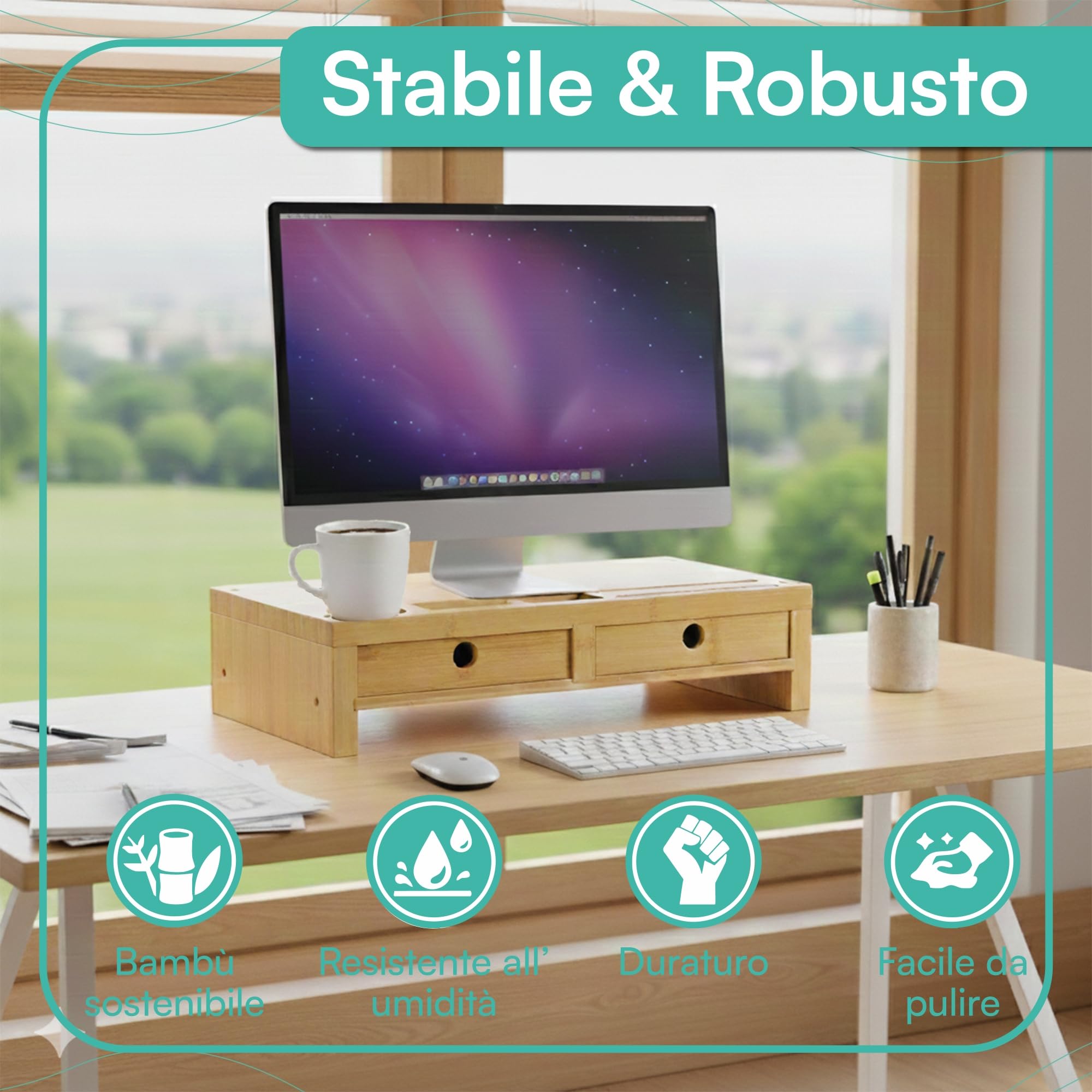 pixly® Supporto per Monitor con Cassetti 42x24x10,5 cm Sollevamento Ergonomico in Legno con Spazio di Archiviazione Organizer da Scrivania in Bambù Sostenibile per Monitor e Computer