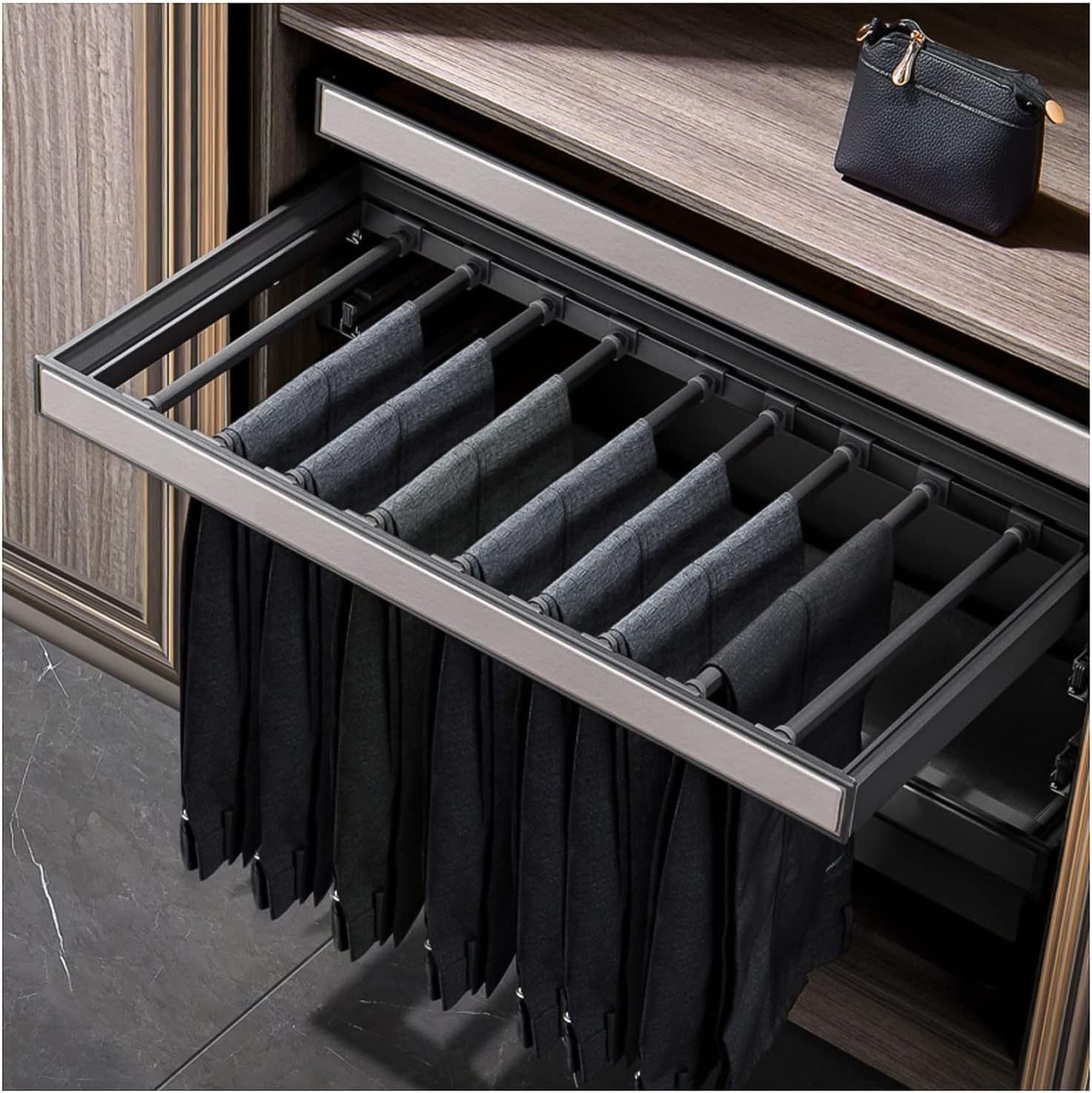 Wardrobe Drawer Trouser Rack With Buffer System,Pull-Out Closet Scarf Jeans Storage Sliding Rail,Adjustable Width (Color : Gray, Size : 70cm)