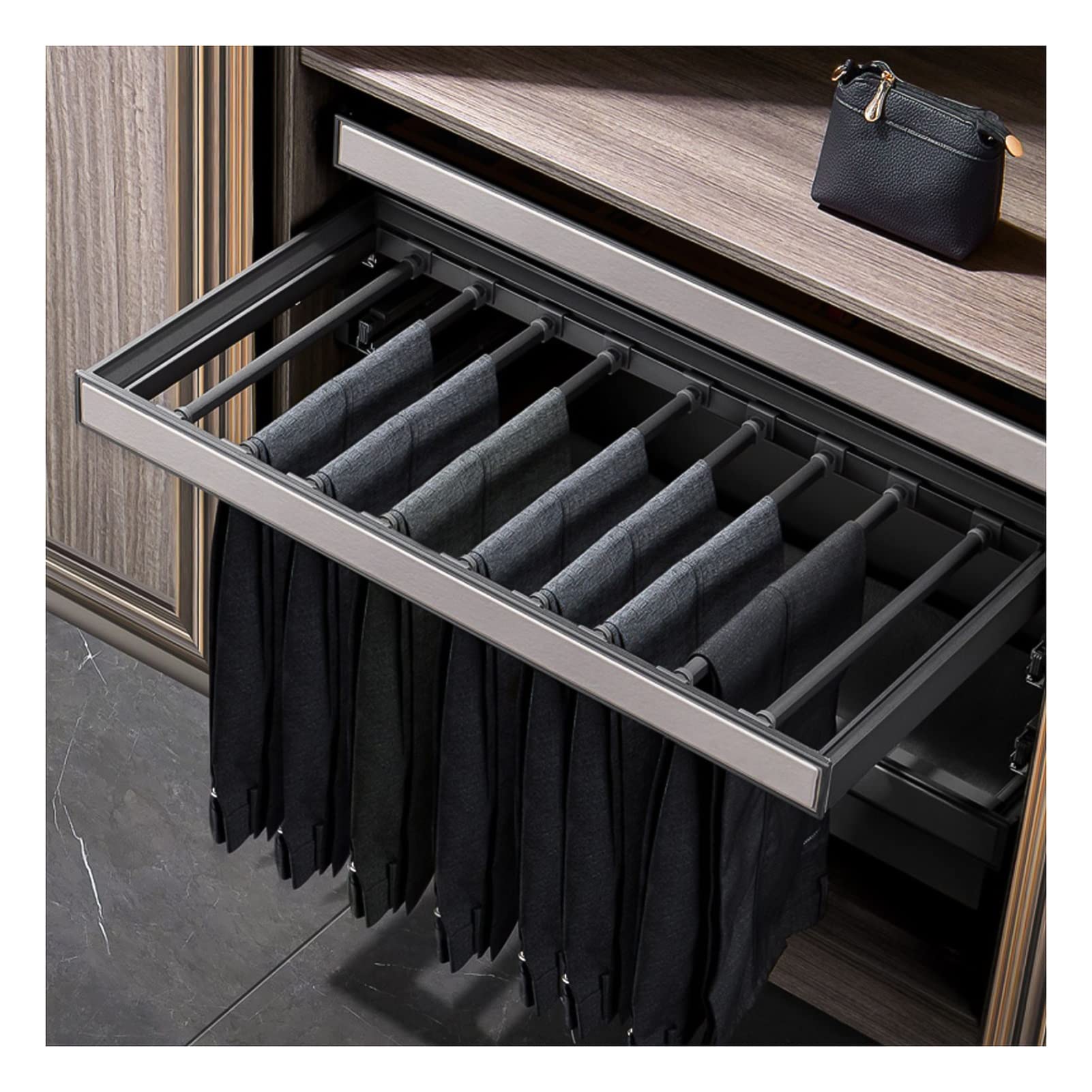 OLSKFUH Pull-Out Trouser Rack Removable Pull-Out Rack Wardrobe Storage Expandable Space Saving Drawer-Style Hanger Rod Rolling Trolley,Adjustable Width Gray Wardrobe Drawer Trou,Grey-60cm