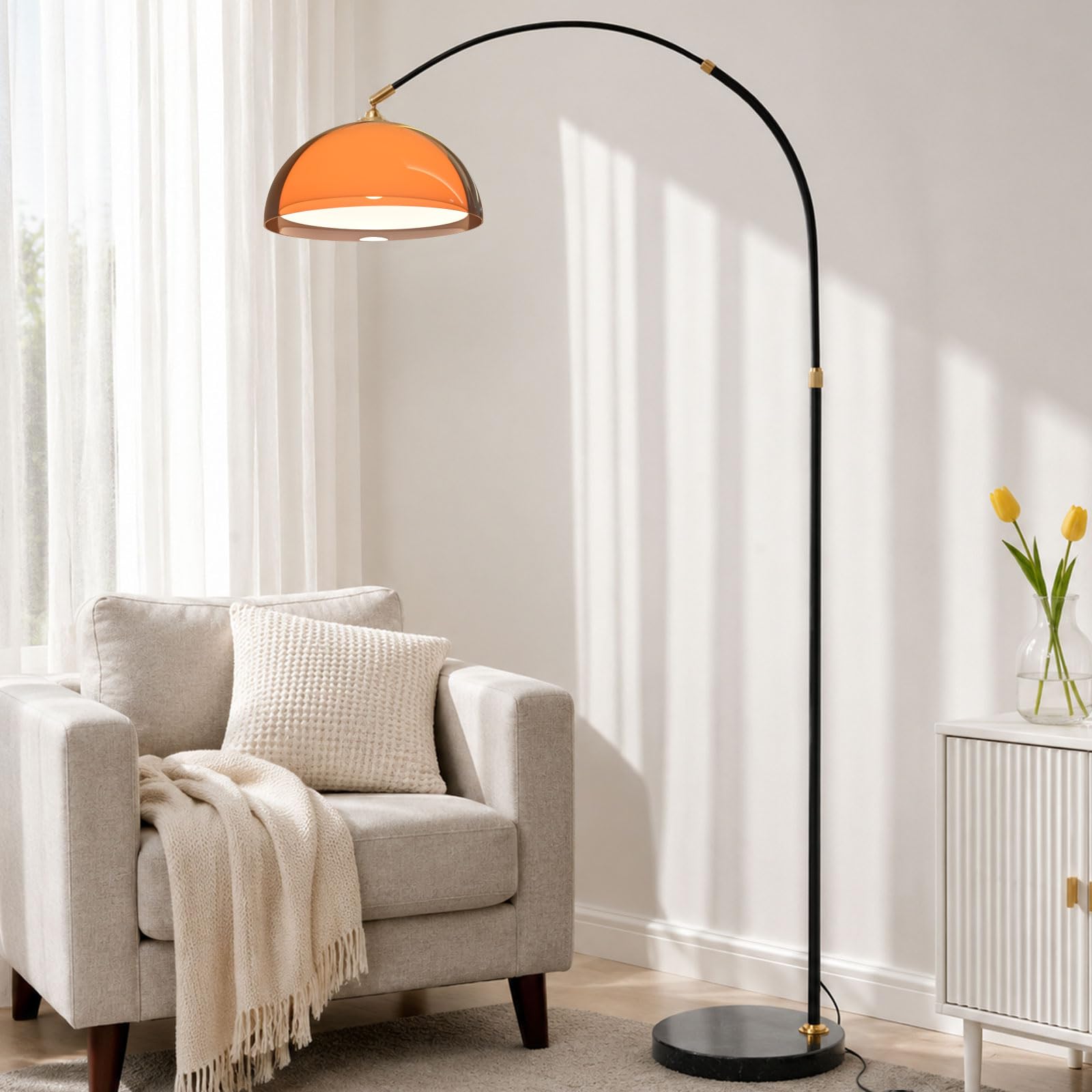 Lampadaire Arc Orange 190 CM Mid Century, Socle Marbre Naturel