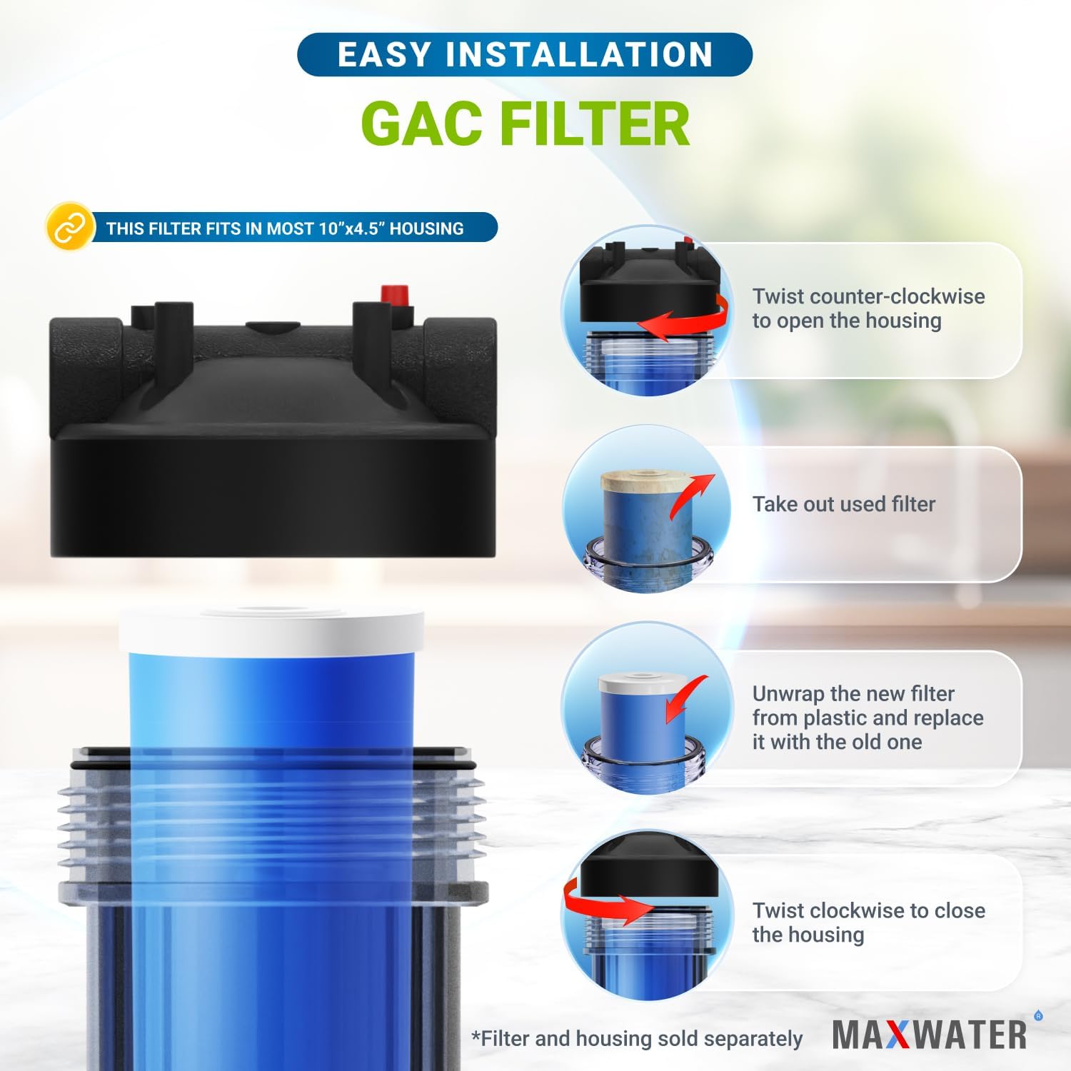 (4 Pack) 10"x 4.5" BB Granular Activated Carbon UDF GAC Water Filter Cartridge compatible with 10" BB Whole House Water Filtration Systems made from Coconut Shell Carbon