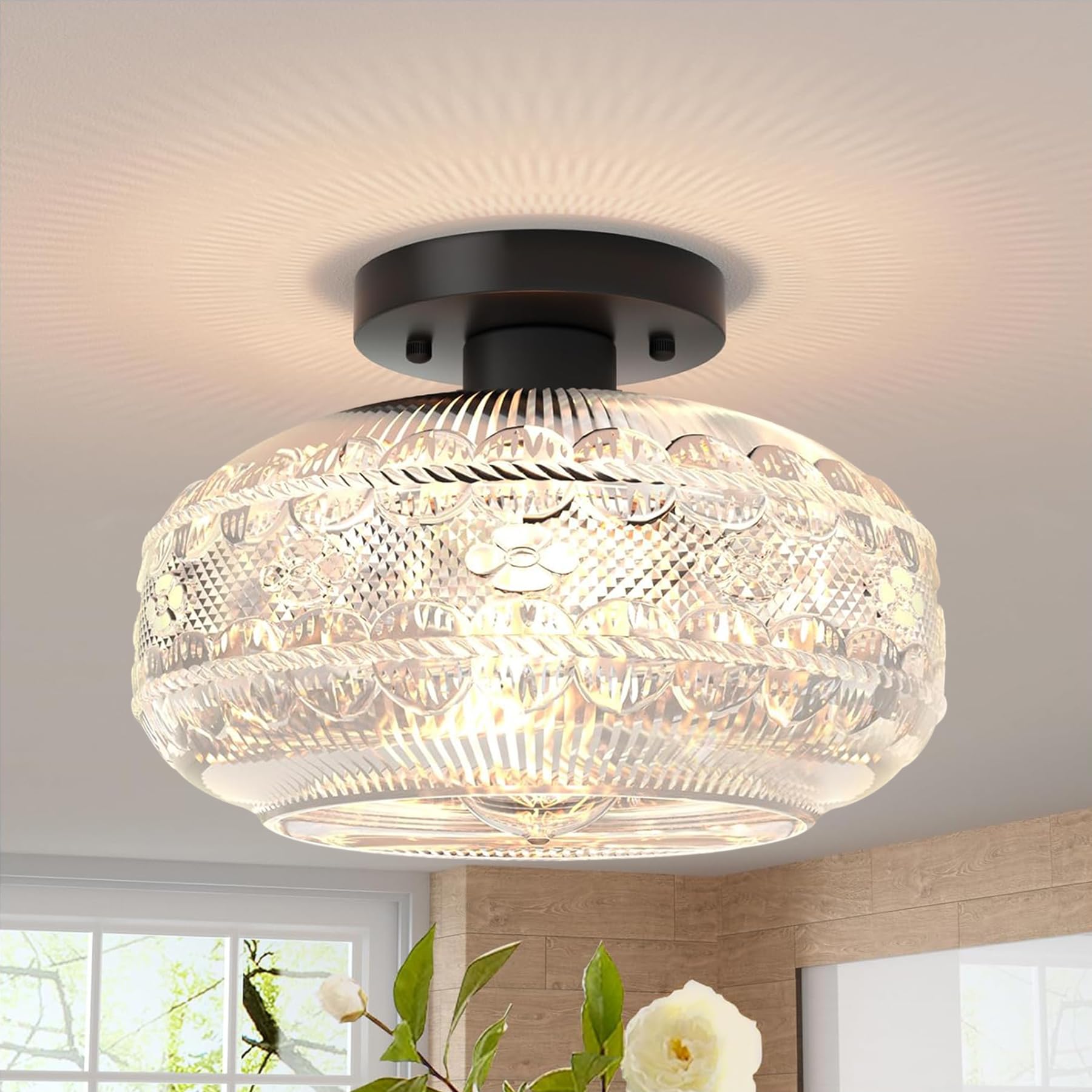 11" Large Semi Flush Mount Ceiling Light,Black Globe Glass Ceiling Light Fixture,Vintage Hallway Light Fixture Ceiling,Close to Light Fixtures Ceiling Mount for Kitchen Bedroom,Bulb not Included