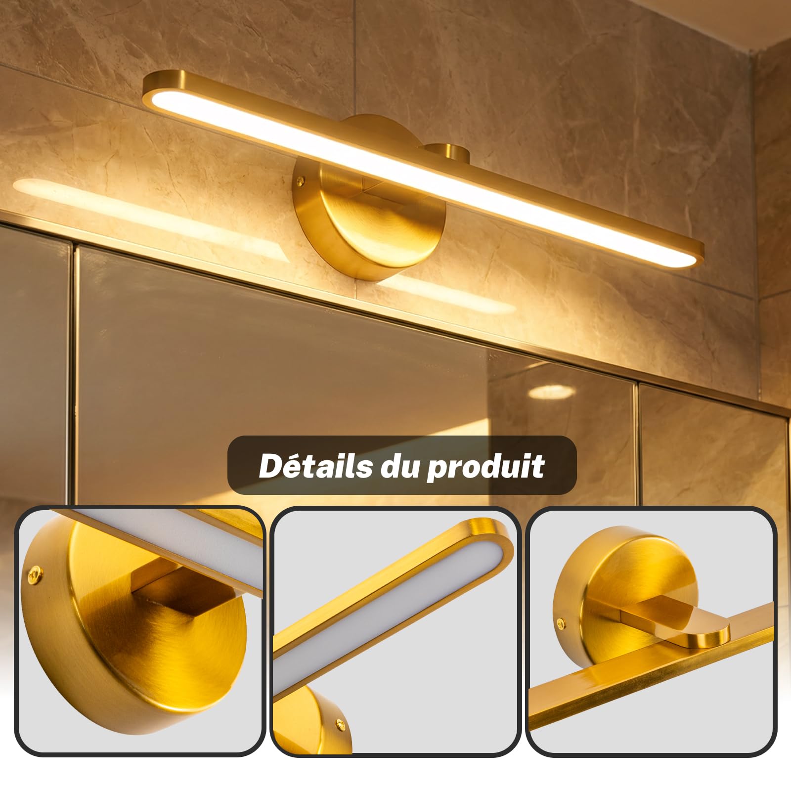Lampara LED de Espejo Baño, Blanco Cálido 3000K 12W Aplique Luz Espejo Baño Moderno, IP44 Espelho Resistente al Agua para baño 960LM, 40CM