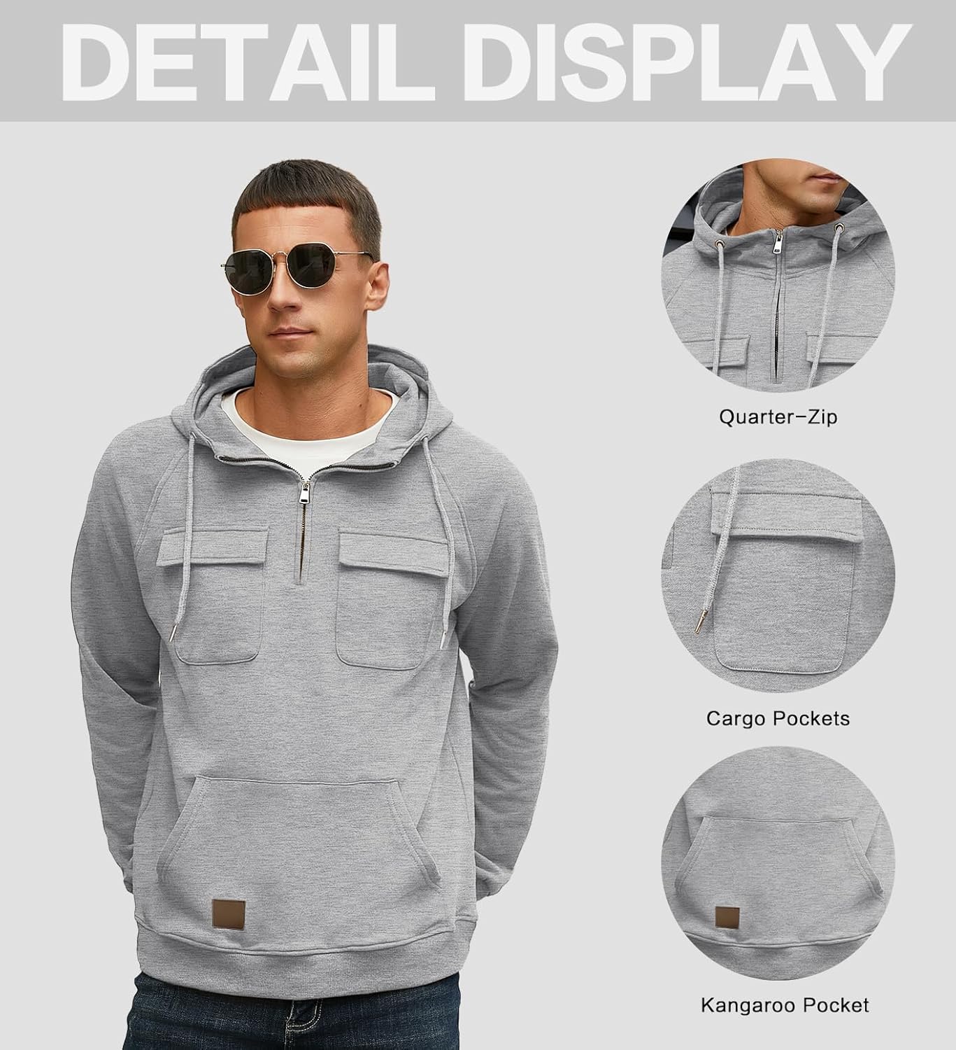 Lepunuo Men's Cargo Hoodies Quarter Zip Sweatshirts Tactical Pullover Casual Gym Athletic Loose Hooded Sweatshirts - Image 2