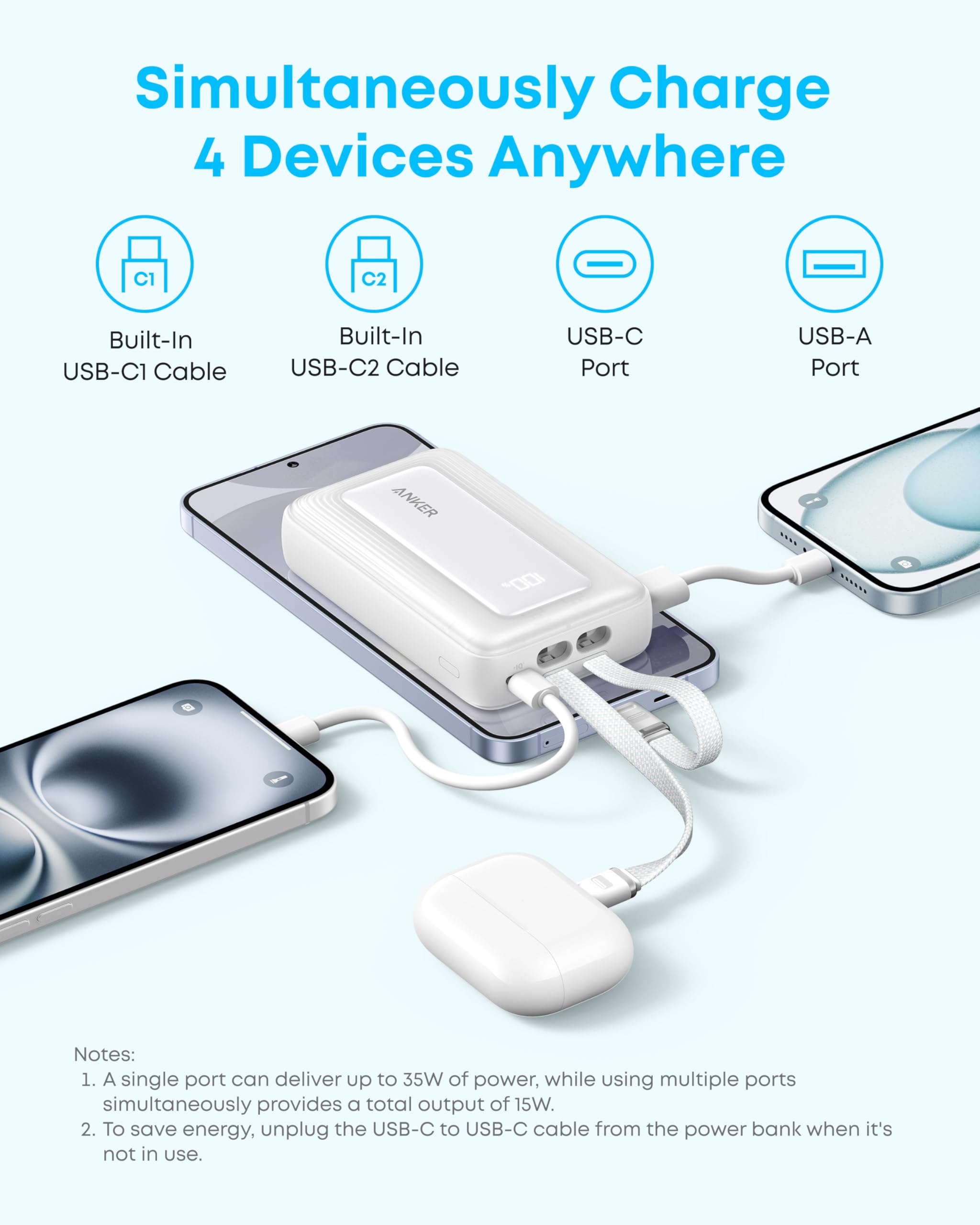 Anker Zolo Power Bank, doppio cavo USB-C integrato, 10000 mAh, 35 W, ricarica rapida, compatto e portatile, compatibile con iPhone 16/15, Samsung Galaxy, Google Pixel e altri (nero)